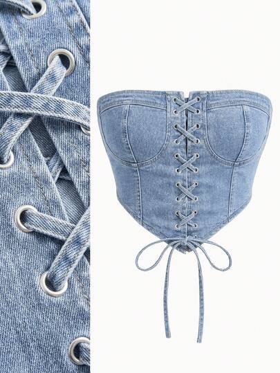 SHEIN MOD Áo ống denim nữ, Áo kaki co giãn buộc dây thoải mái, Áo denim, Áo denim phong cách Y2K, Áo corset cho nữ, Áo dễ thương, Áo ống, Áo đi chơi, Áo croptop ngày Valentine, Áo mùa hè cho nữ, Áo mùa hè, Quần áo Y2K, Quần áo Valentine