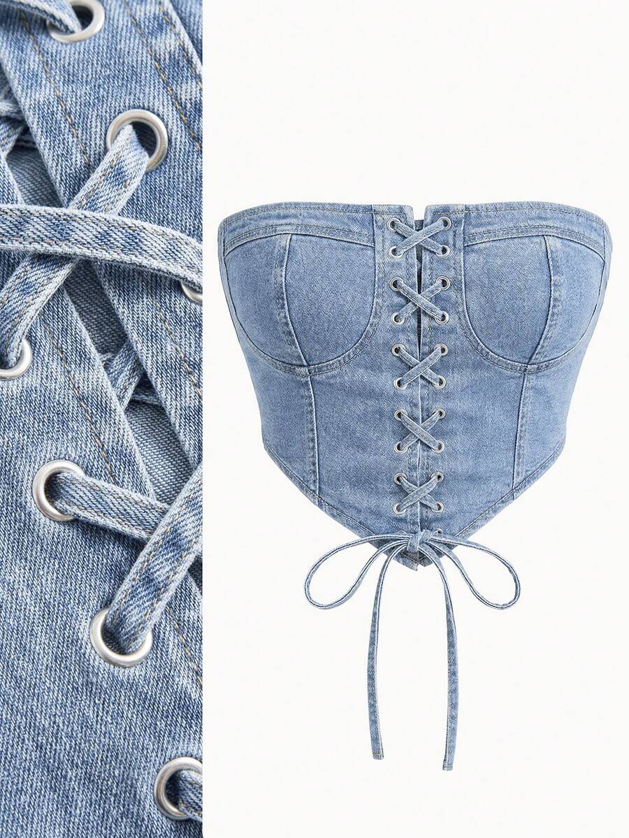 SHEIN MOD 女士牛仔抹胸上衣,休闲弹力系带卡其色,牛仔上衣,Y2K牛仔上衣,女士束身衣上衣,可爱上衣,抹胸上衣,外出上衣,情人节露脐上衣,女士夏季上衣,夏季上衣,Y2K服装,情人节服装 - 淺色水洗藍 - 查看 1