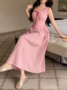 DAZY Sweet Plaid Contrast Color Ruffle Bow Decor Waist Cinched Long Dress, Women Summer Sleepwear - Pink - View 6