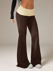 SHEIN PETITE Quần ống loe xếp ly cạp gập phối màu tương phản dành cho nữ, kiểu dáng thường ngày. - Nhiều màu - Xem 6