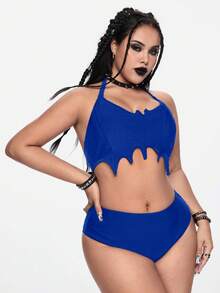 ROMWE Plus Size Gothic Bat Inspired Adjustable Strap Tankini Swimwear 2 Pieces Set - Blue - View 5