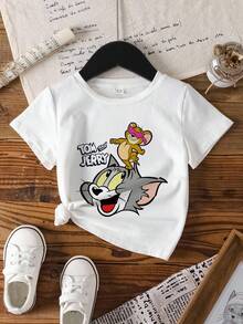 TOM & JERRY X SHEIN 女童卡通印花短袖T恤，夏季 - 白色 - 查看 7