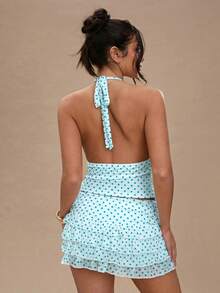 SHEIN BAE Áo tank top cổ yếm in chấm bi dáng casual dành cho nữ, thích hợp mặc mùa hè. - Màu xanh lam - Xem 2