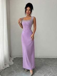 Elenzga Gaun Elegan Romantis Pas Badan Tanpa Lengan, Leher Persegi, Ikat Pinggang, Dekorasi Mutiara & Berlian Imitasi, Cocok untuk Pesta dan Pernikahan - Mauve Purple - View 5
