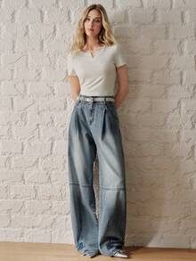 Anewsta Essential Women's New Fashion Patchwork Design Vacation Style Blue Harem Jeans Pants Everyday Summer Streetwear - Blue - View 8