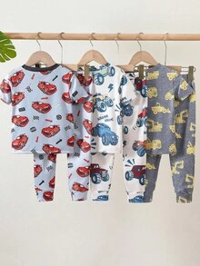 SHEIN 6件套男童赛车卡通图案休闲简约修身圆领短袖上衣和裤子家居服，适合所有季节 - 彩色 - 查看 2
