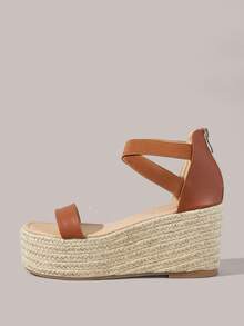 Styleloop Ladies, Straw Twine, Strap, Lame-Heeled Platform Sandals, Summer Wear, Vacation Atmosphere, Travel Essentials Summer Shoes Summer Shoes - Brown - View 3