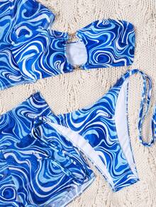 Swim SXY 4pcs Women's Blue And White Striped,Summer,Casual,Vacation,Holiday Wavy Print Metal Decor Bandeau Top,Triangle Bottoms,Mesh Skirt Bikinis Set - Blue - View 7