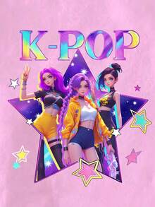 3件套少女休闲创意个性清新简约时尚虚拟少女团体五角星图案字母印花短袖T恤套装，黑色/粉色/紫色，舒适日常穿着，适合春夏穿着 - 彩色 - 查看 7