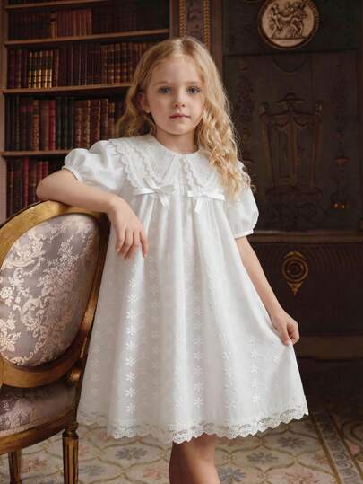 SHEIN 少女夏季白色刺绣蕾丝边泡泡袖连衣裙，甜美可爱风格