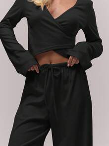 MUSERA Relaxed Loose Fit Wide Leg Drawstring Trousers Bottoms Only Old Money Cute Country Cottage Core Casual For Women Butterscotch Pants Summer - Black - View 4