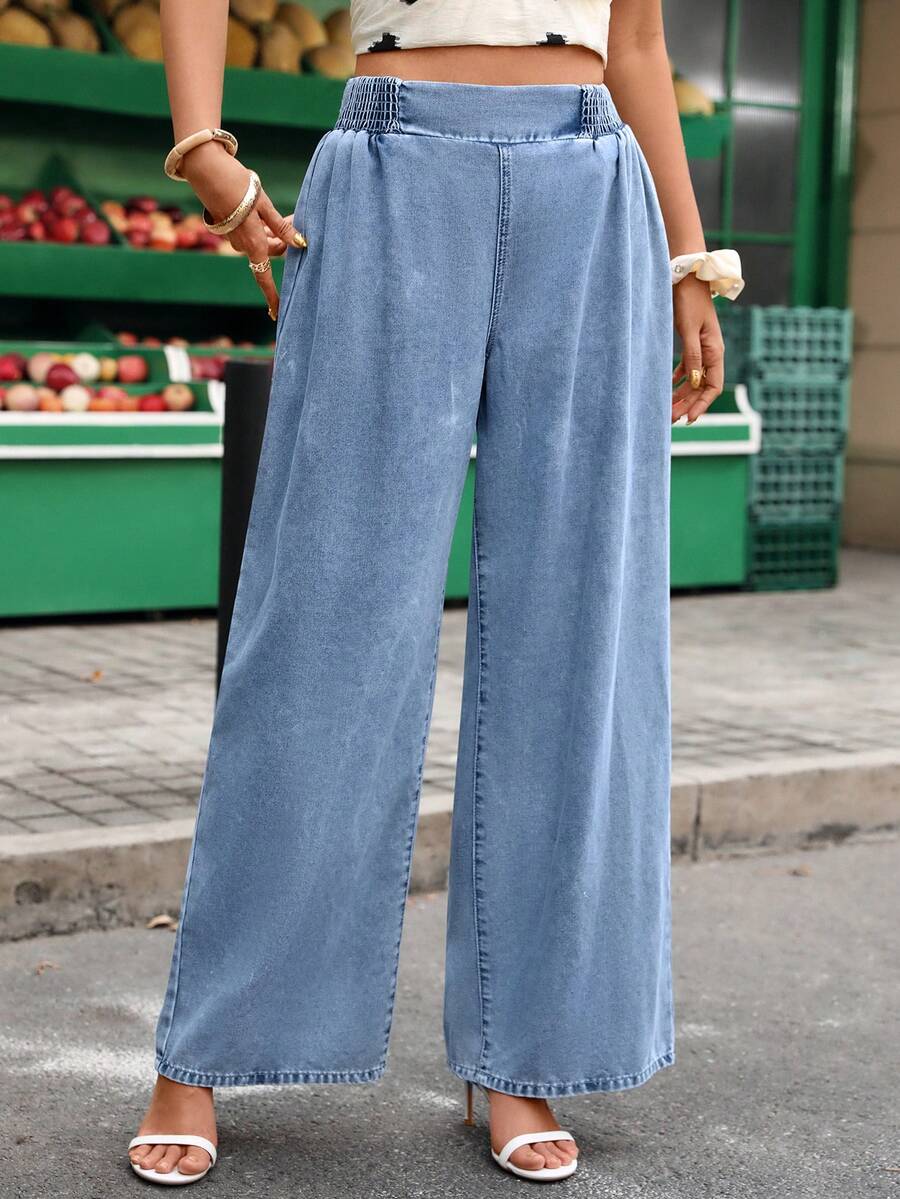 Flexra Women's Casual Washed Wide-Leg Jeans - Blue - View 1