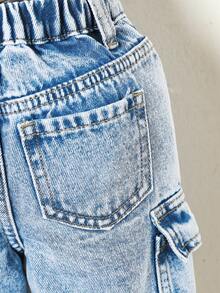 SHEIN Playful Pals Quần short denim cargo nhiều túi, màu xanh nhạt, đa năng, kiểu dáng thường ngày cho bé trai. - Rửa nhẹ - Xem 6