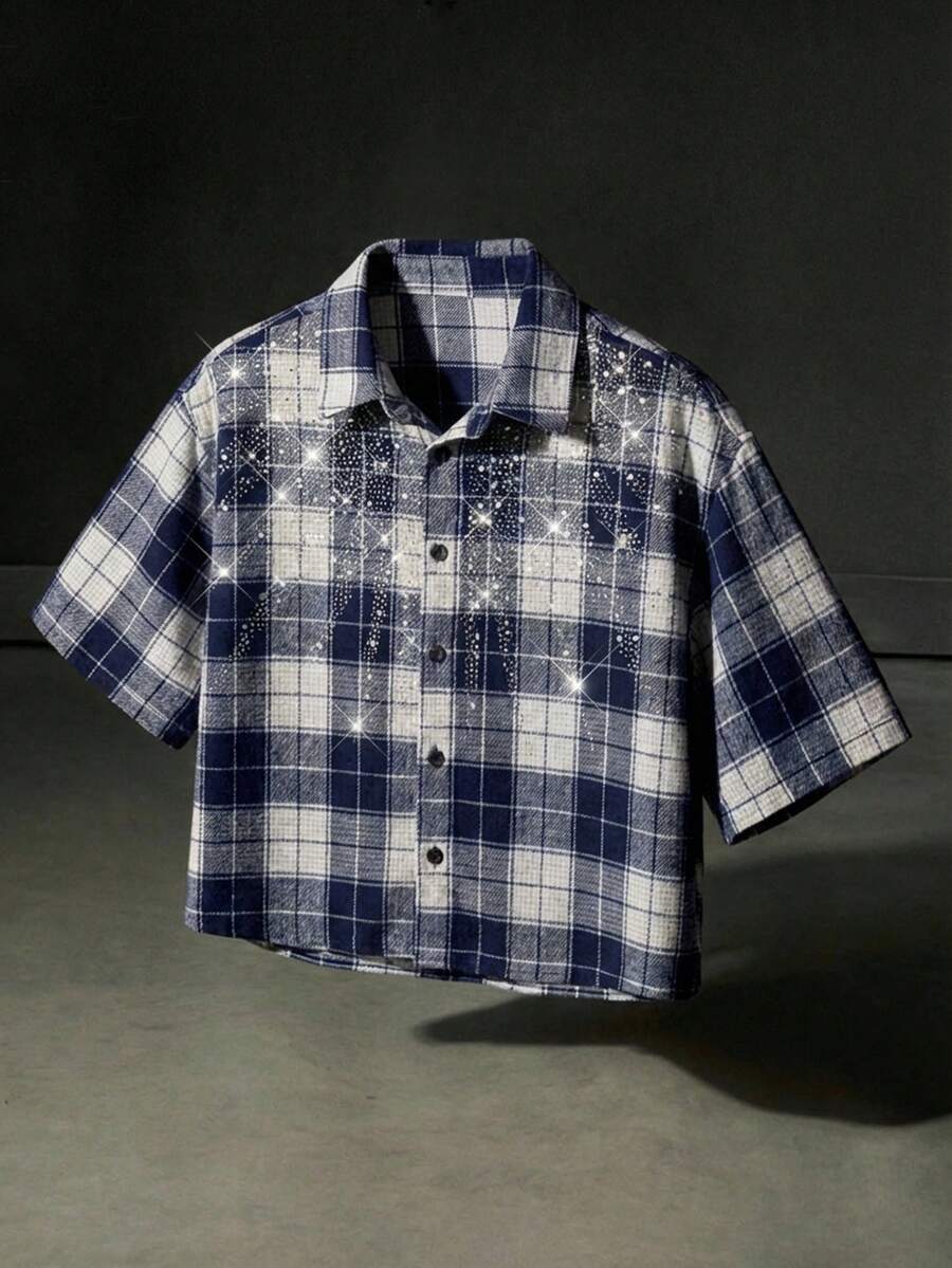 NEON BLANC 男士夏季休闲格子镶钻衬衫 - 藍色 - 查看 1