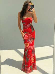 Aloruh 女士度假风印花鱼尾下摆修身连衣裙 - 紅色 - 查看 4