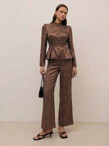 Nöista Setelan Dua Potong Brokat Elegan, Semua Nuansa Cokelat, Musim Gugur, Pesta Teh, Atasan Peplum Lengan Panjang Kancing Cina & Celana Panjang untuk Tampilan Musim Semi/Panas Liburan yang Meriah - Coklat - View 5