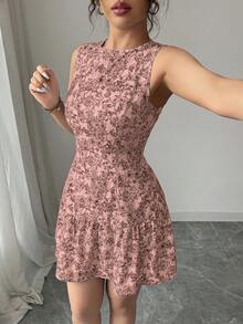 Selianne Bohemian Style Elegant Floral Print Sleeveless Belted Mini Dress, Suitable For Graduation Season, Festivals And Summer Wear, Spring/Summer - Pink - View 5