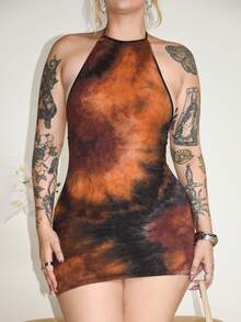 Arliah Đầm ôm sát cơ thể hở lưng nhuộm loang cổ yếm - Nhiều màu - Xem 6