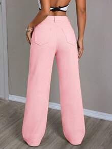 SHEIN PETITE Women's Solid Color Zipper Button Front Pocket Straight Loose Fit Casual Jeans Pants, Suitable For Outdoor Activities - Pink - View 2