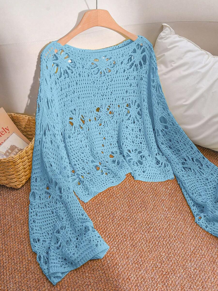 CosyJoli Plus Size Women Solid Color Round Neck Casual Versatile Daily Wear Sweater Fall - Blue - View 1