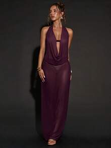 SHEIN BAE 优雅深V领修身露背长裙 - 紫色 - 查看 6