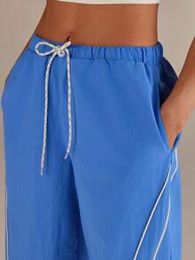 Athîral Women's Casual Sports Contrast Binding Drawstring Pants - Blue - View 4