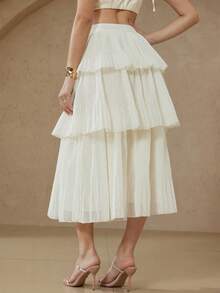 Aveloria Rosie 优雅法式风格女士简约浪漫约会奢华质感仿亚麻多层褶裥半身裙 - 白色 - 查看 6