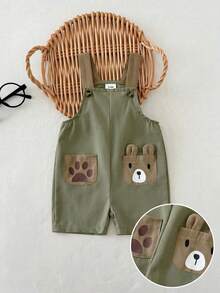 SHEIN Playful Pals 新生儿可爱卡通印花拼接口袋连体衣，休闲日常穿着 - 軍綠色 - 查看 1