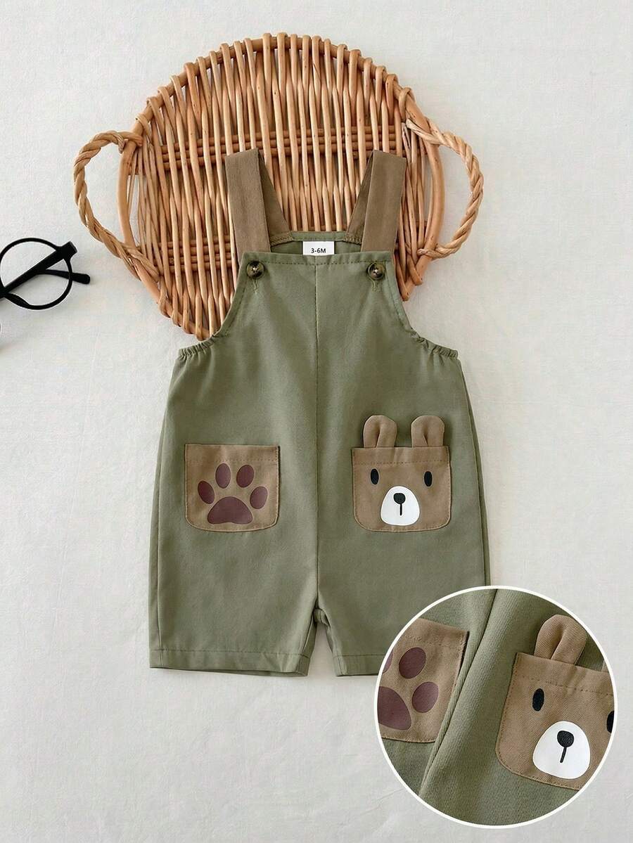 SHEIN Playful Pals 新生儿可爱卡通印花拼接口袋连体衣,休闲日常穿着 - 軍綠色 - 查看 1