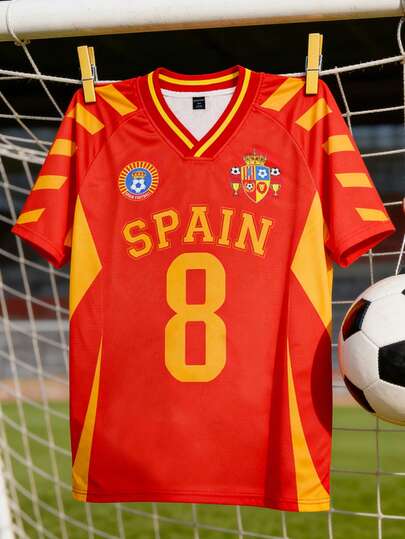 ROMWE MEN Prep 2026 World Cup Spain Inspired Casual Summer Short Sleeve Tops, Unisex Sports Style T-Shirt