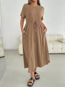 SHEIN Essnce 大码女式夏季连衣裙，短袖连衣裙，黑色连衣裙，休闲女装夏季连衣裙，适合度假穿着 - 駝色 - 查看 6
