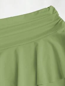 Sweetra Setelan Atasan Bahu Asimetris dan Rok Mini Berlipit Berlapis dengan Hiasan Bunga Metal untuk Wanita, Musim Panas - Hijau - View 7