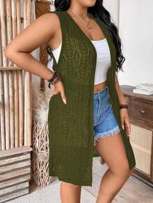 SHEIN Clasi Áo khoác cardigan không tay tối giản màu trơn cỡ lớn - Màu xanh Ô liu - Xem 7