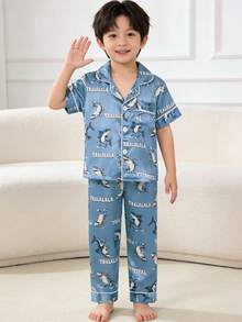 2pcs Young BoyCute Shark Graphic Print Short Sleeve Polo Collar Cardigan And Pants Casual Comfortable Homewear Set - Blue - View 6