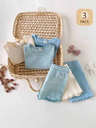 SHEIN Bộ 6 món cho bé gái, gồm áo thun cổ tròn tay ngắn và quần short cạp chun, màu mơ, trắng và hồng kẻ sọc, thích hợp mặc ngoài trời hoặc ở nhà, mùa xuân/hè.