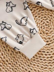 SHEIN Bộ áo liền quần và quần in hình khủng long cho trẻ sơ sinh - Màu Khaki - Xem 5