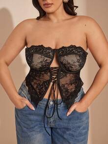 SHEIN BAE Áo bralette hở lưng ren đen gợi cảm cỡ lớn - màu đen - Xem 1