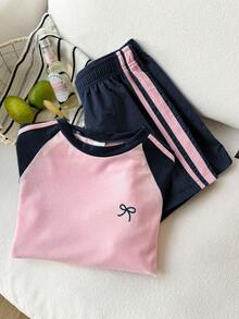Elladie kids 少女撞色短袖T恤短裤套装，运动风，粉色和深绿色，宽松贴身设计，轻薄面料，适合日常穿着、休闲运动或搭配。 - 藍色 - 查看 4
