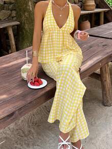 Aloruh Bộ đồ đi nghỉ mát dành cho nữ: Áo hai dây cổ chữ V sâu kẻ caro và quần ống rộng, kiểu dáng thường ngày. - Màu vàng - Xem 7