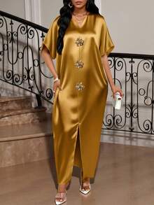 SHEIN Lady 四季皆宜的节日礼服/婚礼宾客/礼服/舞会礼服/金色/晚宴礼服/金色女士缎面提花前开衩连衣裙，休闲派对优雅 - 黃色 - 查看 7