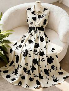 Elenzga Women's Elegant Summer Floral Maxi Dress,Beige Tea Party Fashion Commuter Button Waist Belt Metal Buckle Lapel Vest Casual Holiday Spring Dress - Multicolor - View 3