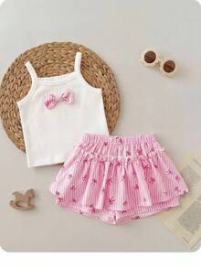 SHEIN LMoss Kids 女婴可爱夏季休闲针织吊带背心和条纹短裤套装 - 白色 - 查看 3