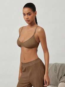 Ocili 100% Cotton Ribbed Comfortable Basic Minimalist Underwear, EasyComfort ChicAutumnCasual Women's Bra - Khaki - View 7