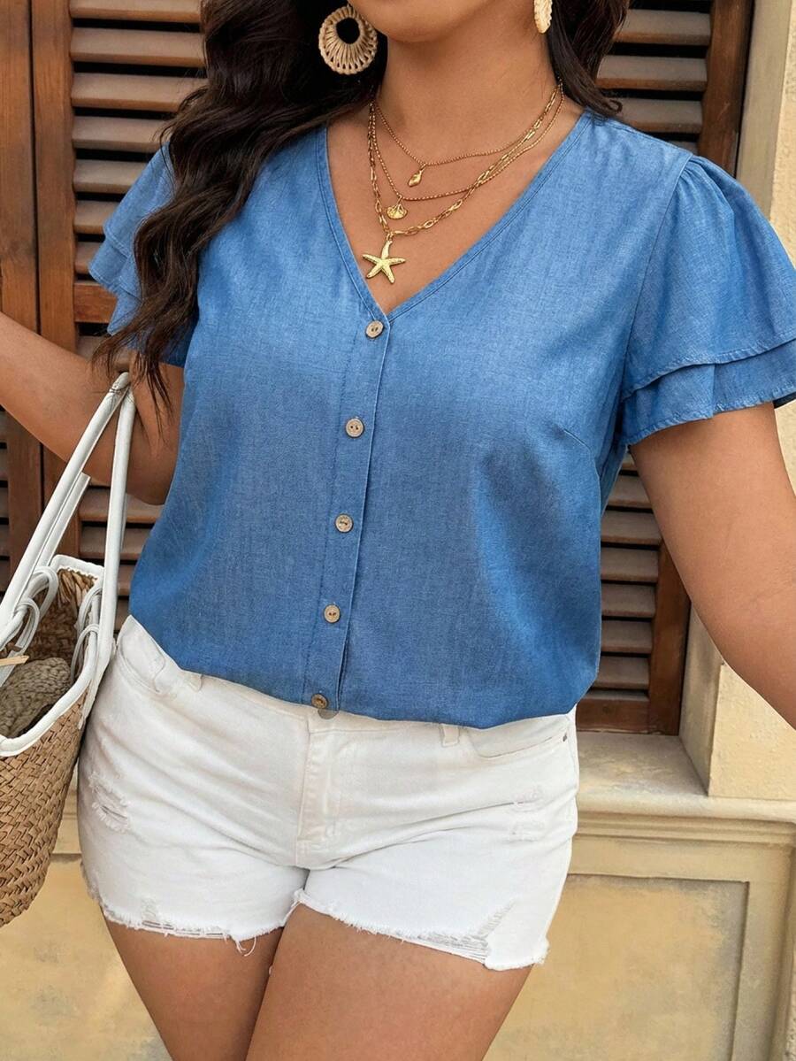 SHEIN VCAY 大码女式V领单排扣休闲百搭日常衬衫 - 藍色 - 查看 1