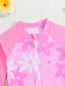 SHEIN Playful Pals 女童鲨鱼印花长袖连体泳衣，可爱图案，防晒，夏季 - 淺粉色 - 查看 4