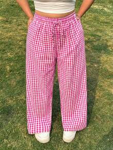 GalTyme Rose Red Plus Size Casual Plaid Elastic Waist Loose Pants - Hot Pink - View 5