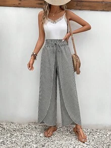 SHEIN Frenchy Quần ống rộng dáng suông, cạp chun, vạt chéo, họa tiết in toàn thân, thắt nút. - Đen và trắng - Xem 3