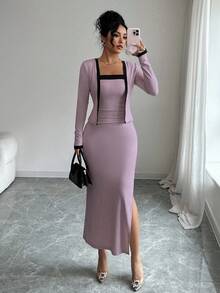 Elenzga petite Bộ 2 món mùa hè mới, trang phục dự tiệc, áo tay dài phối màu thanh lịch và váy hai dây, quần áo nữ mùa hè thích hợp cho tiệc tùng, họp mặt gia đình, Giáng sinh, Halloween, Ngày Valentine, Năm mới, đi làm, mặc thường ngày. - Màu tím - Xem 7
