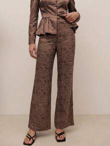Nöista Setelan Dua Potong Brokat Elegan, Semua Nuansa Cokelat, Musim Gugur, Pesta Teh, Atasan Peplum Lengan Panjang Kancing Cina & Celana Panjang untuk Tampilan Musim Semi/Panas Liburan yang Meriah - Coklat - View 8