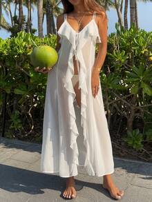 DAZY 女士荷叶边下摆飘逸中长吊带背心，度假沙滩风，春夏款 - 白色 - 查看 3